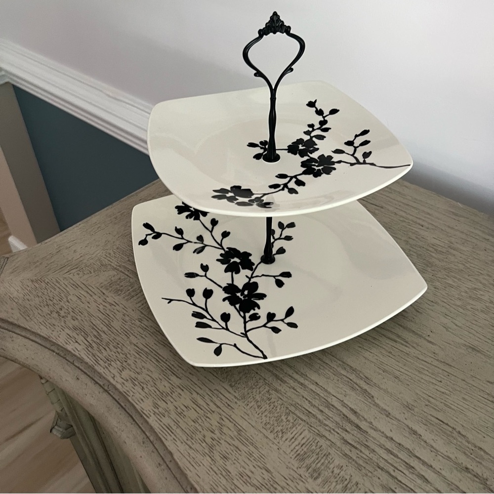 BY ONE GET ONE FREE

Two-Tier Ceramic Serving Stand with Black Floral Motif